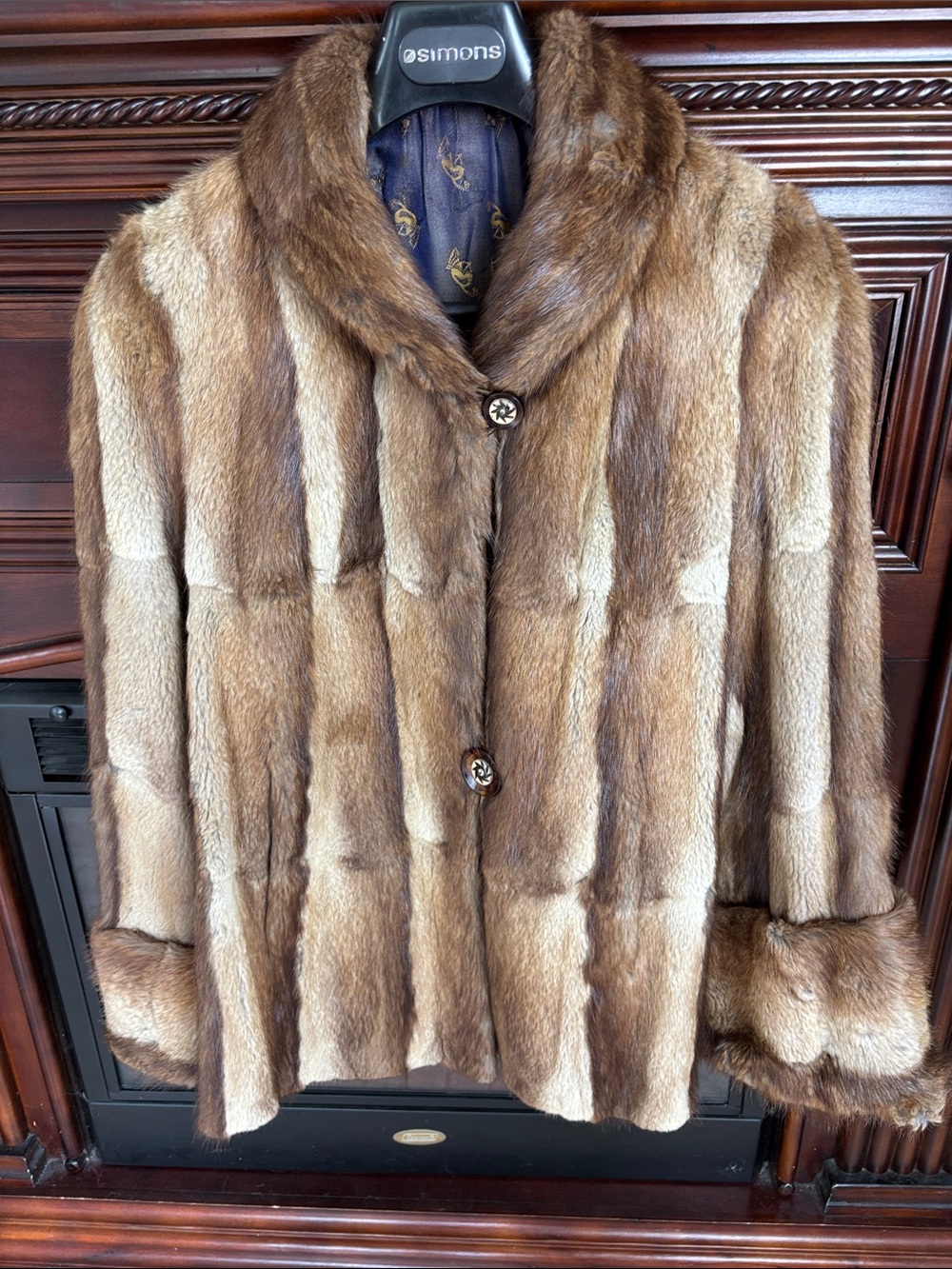 Vintage Brown Fur Pea Coat with Shawl Collar